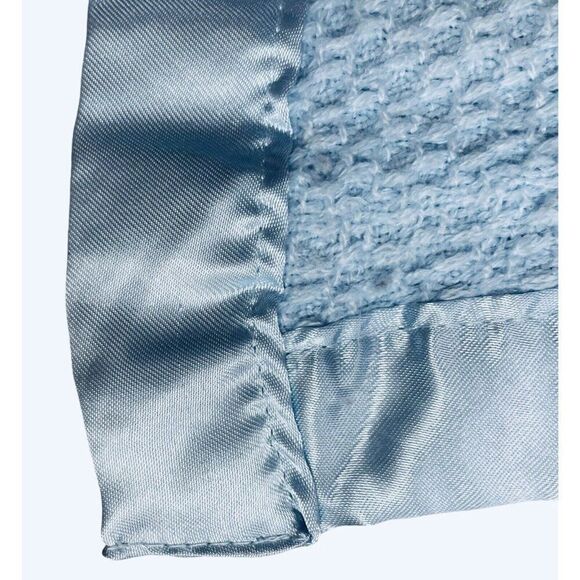 Kidgets Blue Waffle Weave Satin Edge Bless This Baby Blanket 28x29 Thermal Throw - Picture 6 of 11